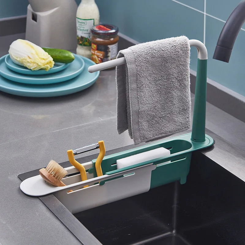Kitchen Sink Organizer Telescopic Sink Shelf Soap Sponge Holder Towel Hanger Sink Drain Rack With Drainer Basket Kitchen Gadgets