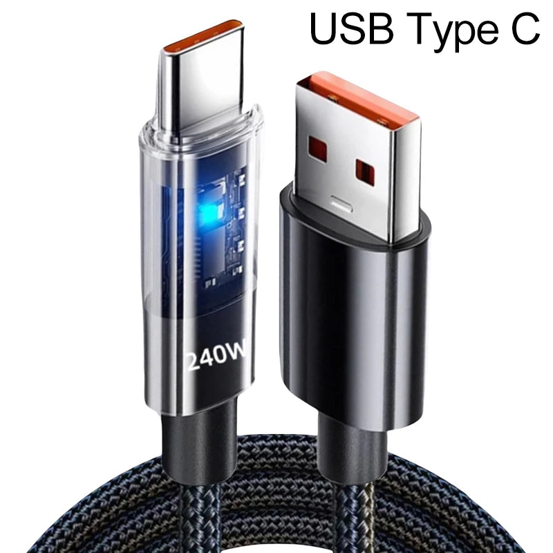 240W Nylon USB Type C Super Fast Charging Cable For Samsung Xiaomi Huawei Honor LED Digital Display USB C Charger Data Cord