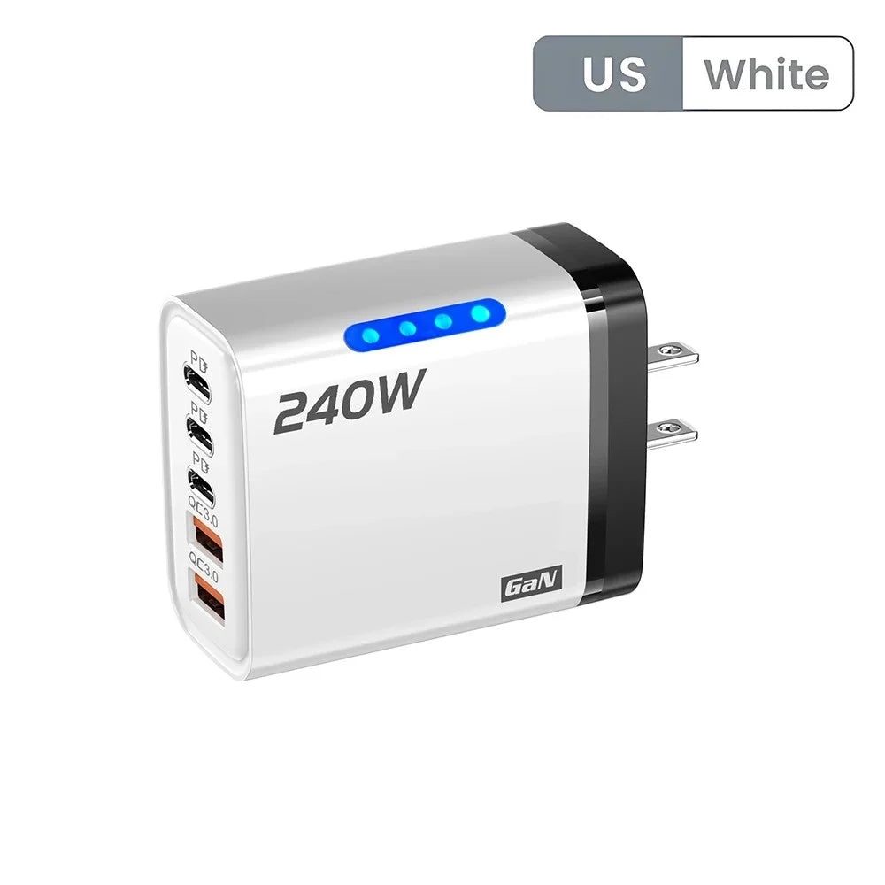 240W 5 in 1 USB C GaN Desktop Charger Fast Charge Phone Adapter 10A Type C Cable For iPhone Samsung Xiaomi EU/US/UK Plug Charger